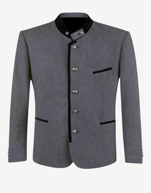 Front product view of rustic wool Trachten jacket for men featuring gray wool fabric, stand collar and traditional Bavarian buttons.