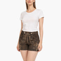 Woman wearing a white t-shirt and brown traditional shorts on a white background