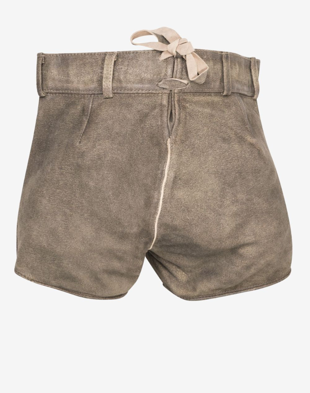 Back view of stone grey women’s suede lederhosen shorts featuring a soft distressed finish, fitted waistband, belt loops, and adjustable back lace detail.