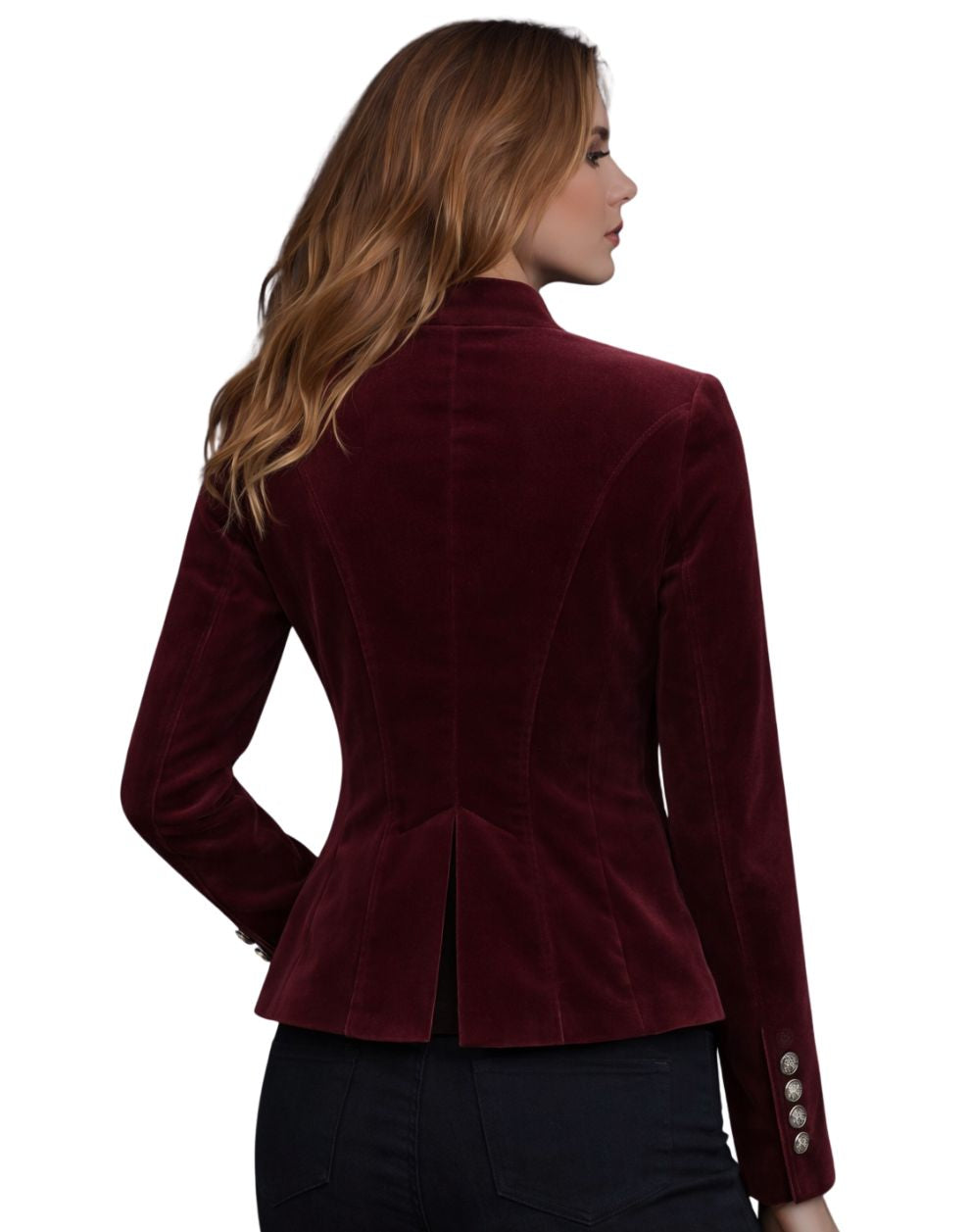 Maroon velvet blazer worn by a person on a white background