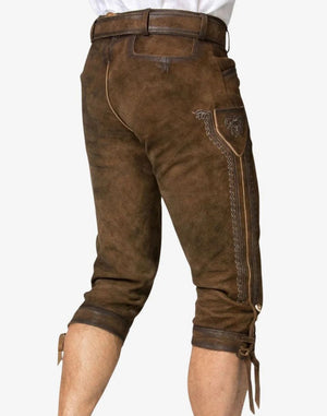 Brown leather shorts with decorative stitching on a white background