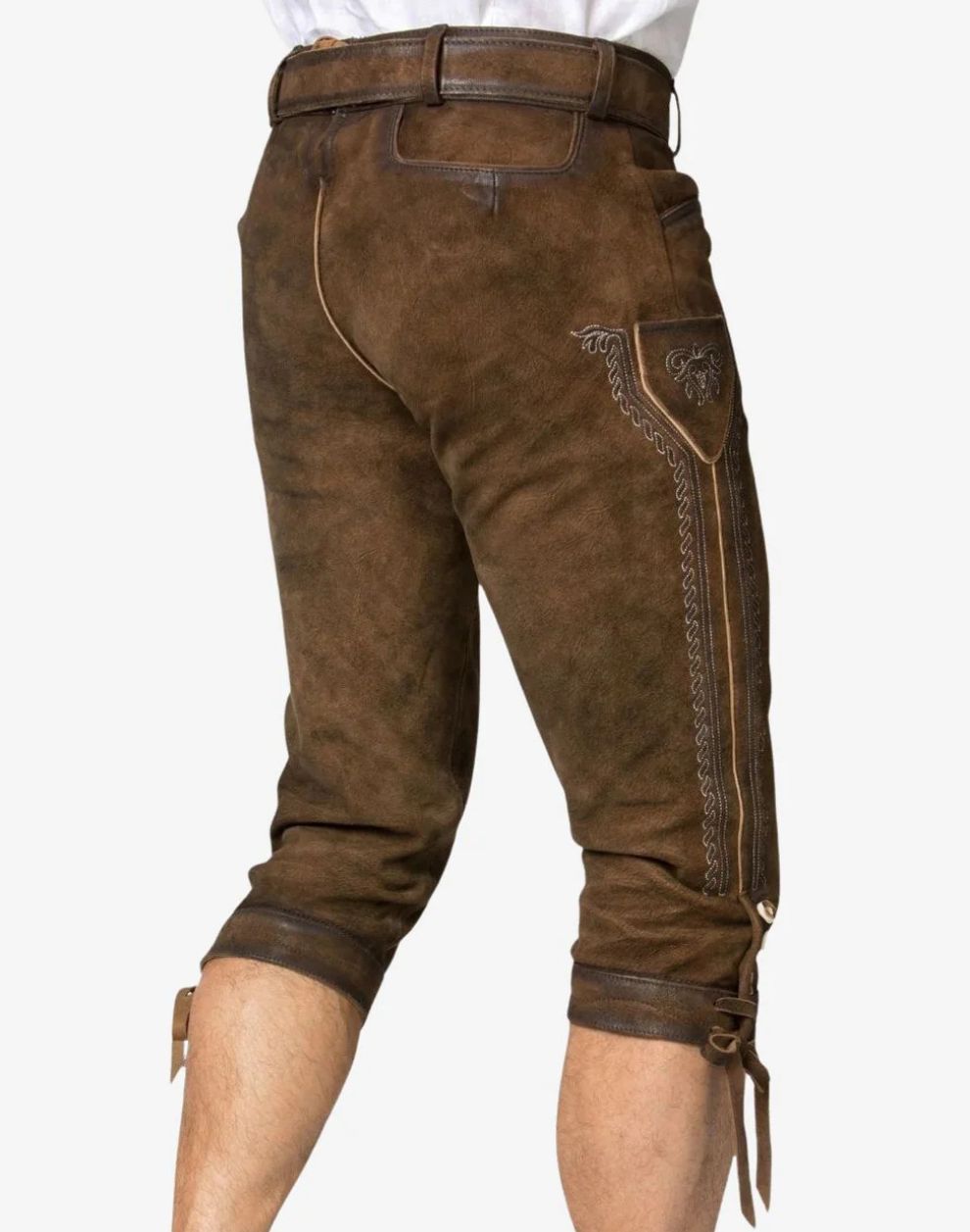 Brown leather shorts with decorative stitching on a white background