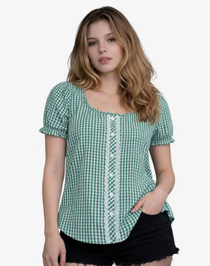 Woman wearing a green checkered shirt on a white background