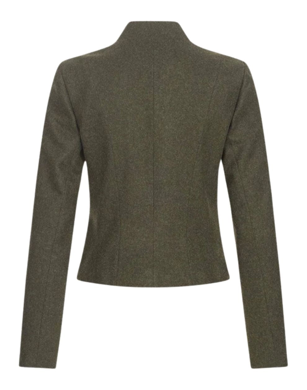 Back view of an olive green women’s jacket with a high collar and clean tailored silhouette, isolated on a white background.
