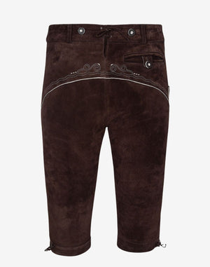 Back view of timeless alpine bundhosen displaying rear embroidery, waistband detail and traditional Bavarian leather construction