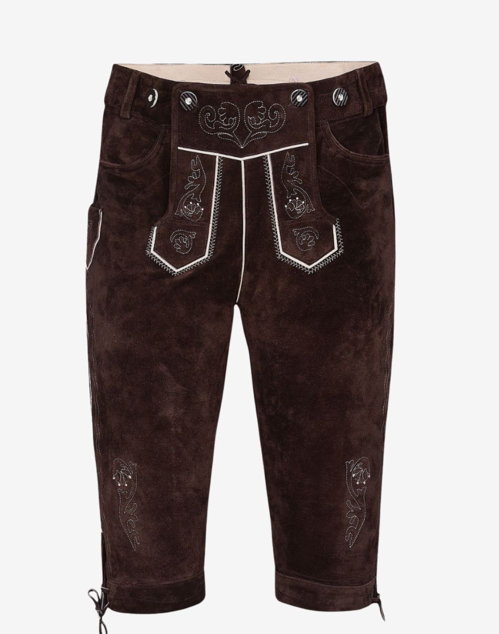 Front product view of alpine bundhosen highlighting embroidered flap, contrast stitching and classic knee-length leather design