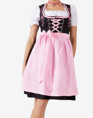 Front close view of model wearing timeless Bavarian dirndl dress with pink apron, lace blouse and traditional corset detail