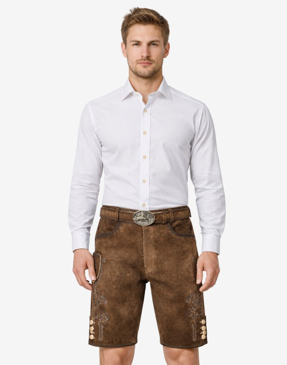 Model wearing timeless Bavarian lederhosen for men in brown leather with traditional embroidery and classic belt buckle
