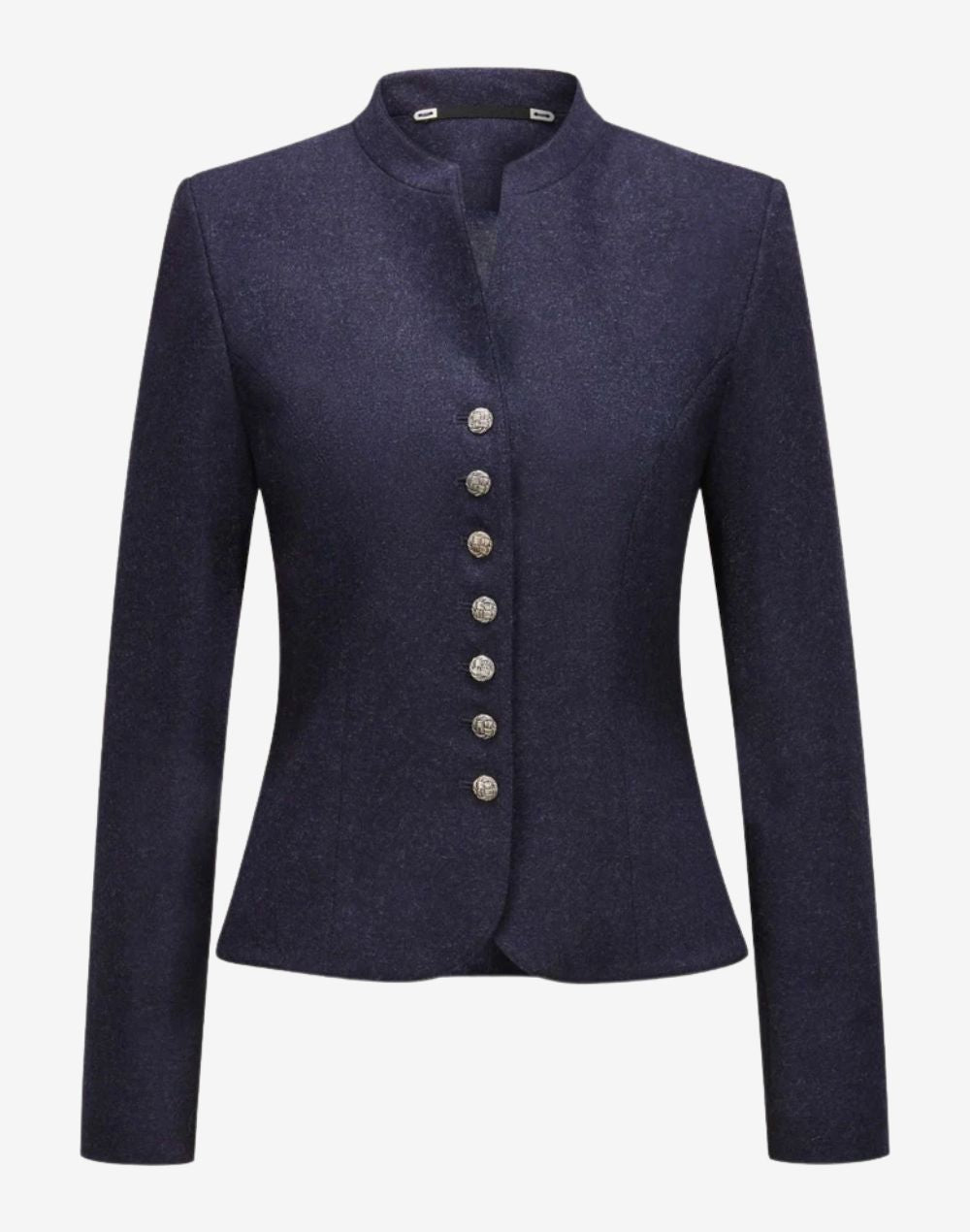 Front view of a women’s navy blue wool trachten jacket with a stand-up collar, silver decorative buttons, fitted waist, long sleeves, and classic Alpine-inspired tailoring.