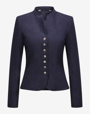 Front view of a women’s navy blue wool trachten jacket with a stand-up collar, silver decorative buttons, fitted waist, long sleeves, and classic Alpine-inspired tailoring.