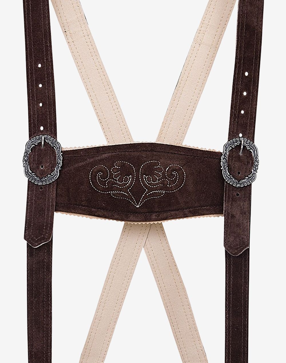 Close view of leather suspenders showing embroidered chest panel, metal buckles and authentic alpine craftsmanship on bundhosen