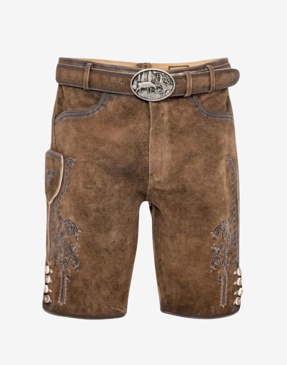 Timeless Bavarian Lederhosen Men brown suede shorts with stag buckle, side embroidery, buttoned cuffs
