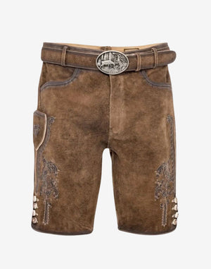 Timeless Bavarian Lederhosen Men brown suede shorts with stag buckle, side embroidery, buttoned cuffs