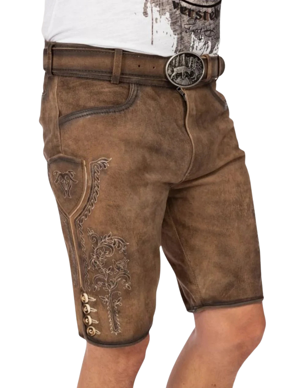 Timeless Bavarian Lederhosen brown suede side view with embroidered panel, knife pocket, horn style buttons