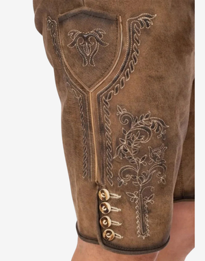 Close up of thigh embroidery and buttoned leg cuff on Timeless Bavarian Lederhosen Men