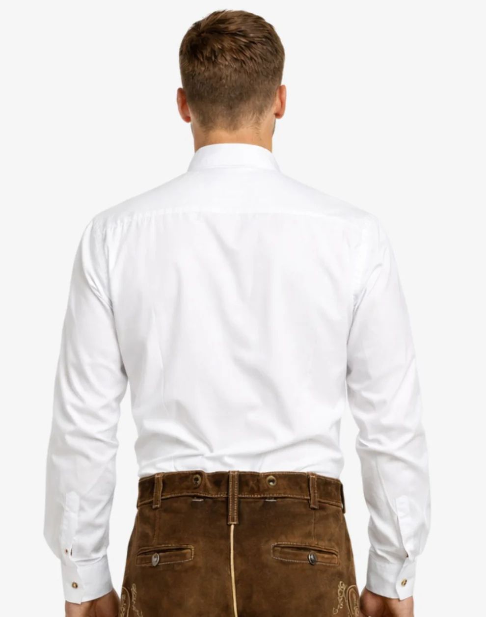Man wearing a white dress shirt and brown pants on a white background