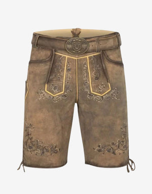 Trachten Classic Lederhosen for Men light brown suede leather shorts with embroidered front bib panels, belt buckle, and traditional styling