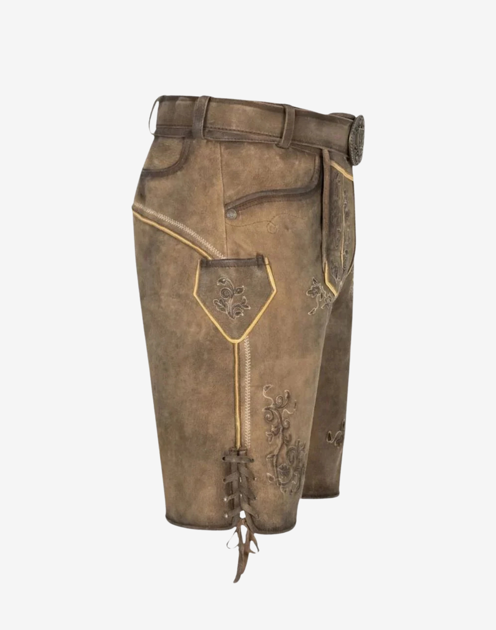 Trachten Classic Lederhosen for Men side view showing stitched pocket panel, contrast piping, and lace-up leg hem ties