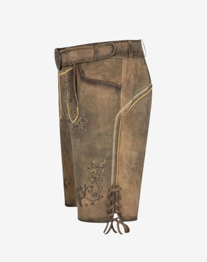 Trachten Classic Lederhosen for Men side profile highlighting vintage suede finish, decorative embroidery, and adjustable lace-up cuff