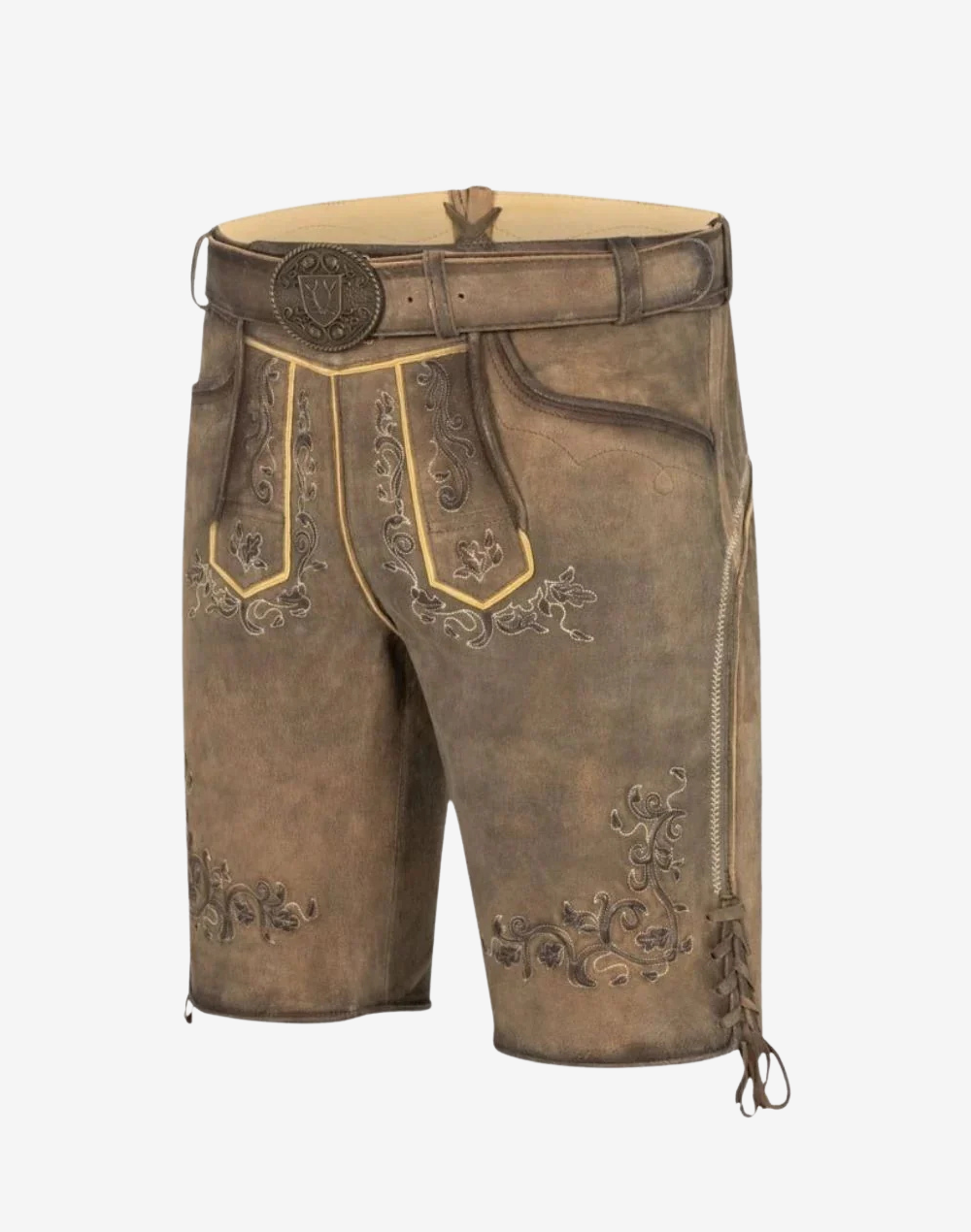 Trachten Classic Lederhosen for Men angled front view with embroidered bib detailing, belt buckle closure, and classic leather short cut