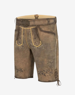 Trachten Classic Lederhosen for Men angled front view with embroidered bib detailing, belt buckle closure, and classic leather short cut