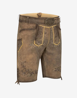 Trachten Classic Lederhosen for Men three-quarter front view showing thigh embroidery, side pocket design, and traditional Trachten fit