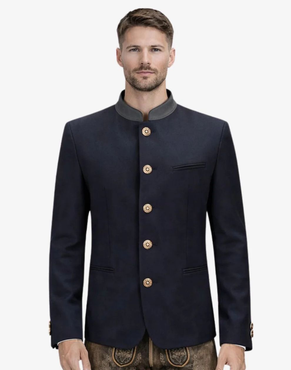 Man wearing a dark blue jacket with gold buttons on a white background