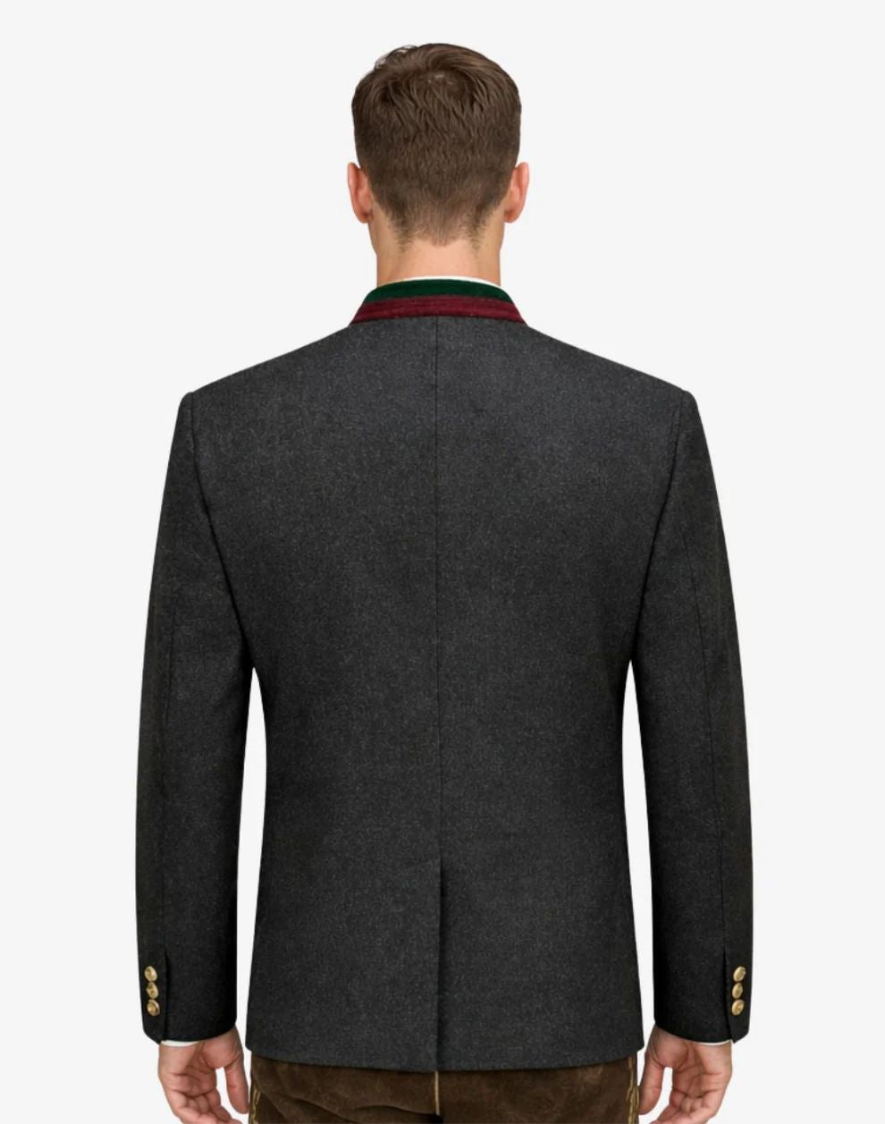 Dark gray blazer worn by a person on a white background