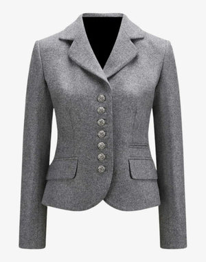Gray blazer with button details on a white background