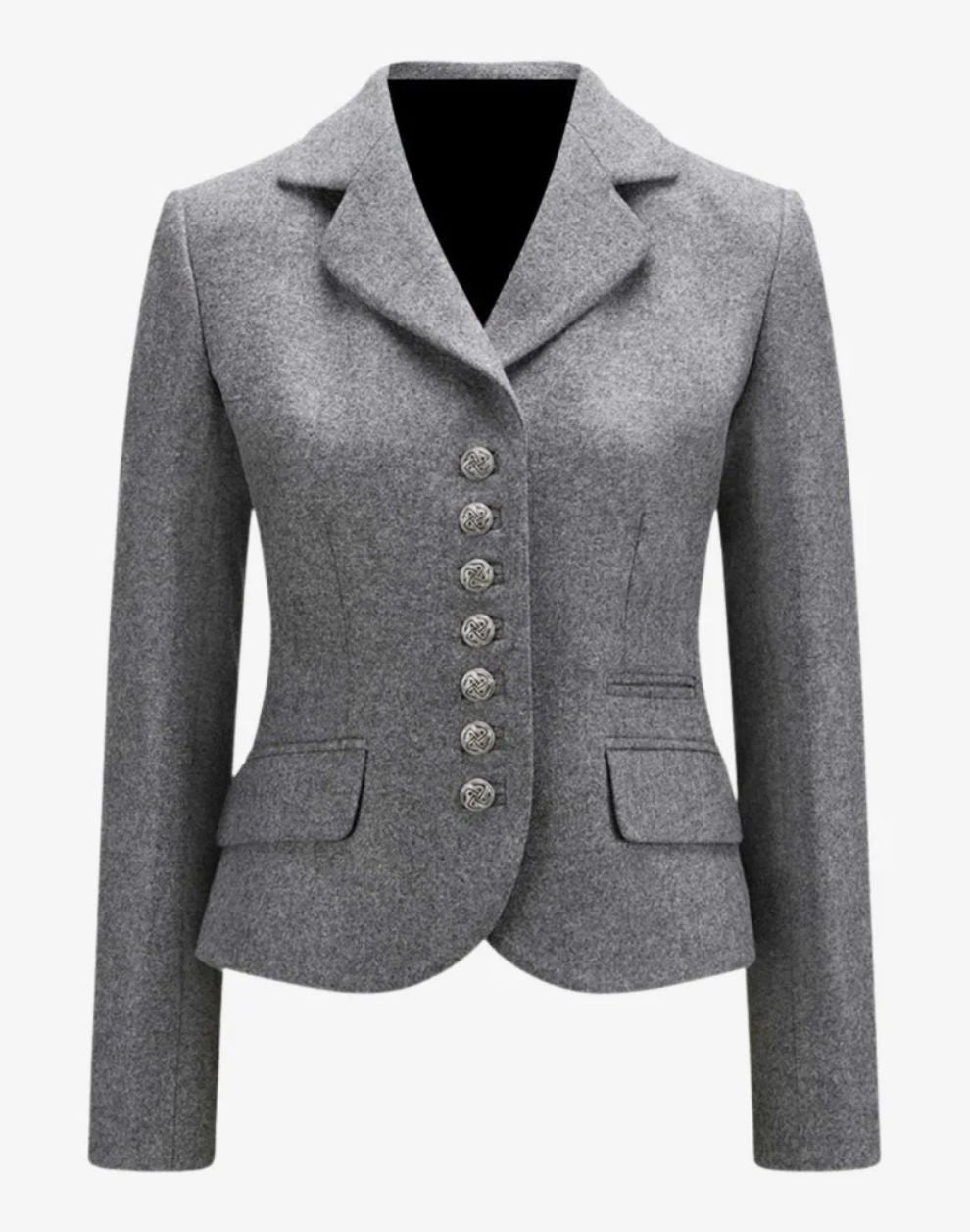 Gray blazer with button details on a white background