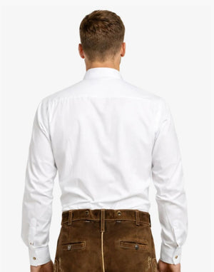 Man wearing a white dress shirt and brown pants on a white background