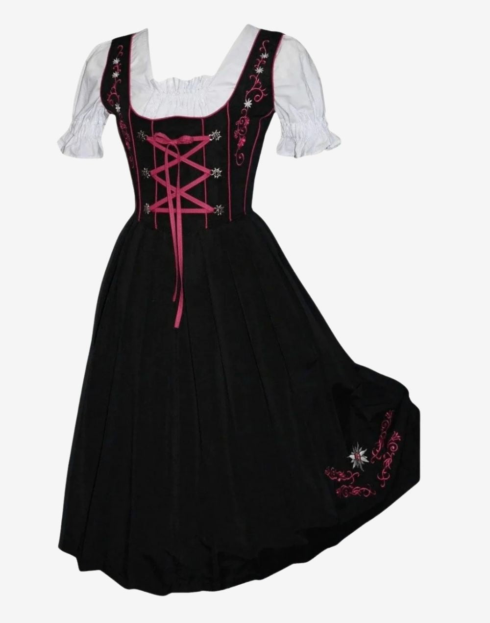 Front view of alpine dirndl without apron highlighting bodice embroidery, lace blouse and traditional Bavarian design