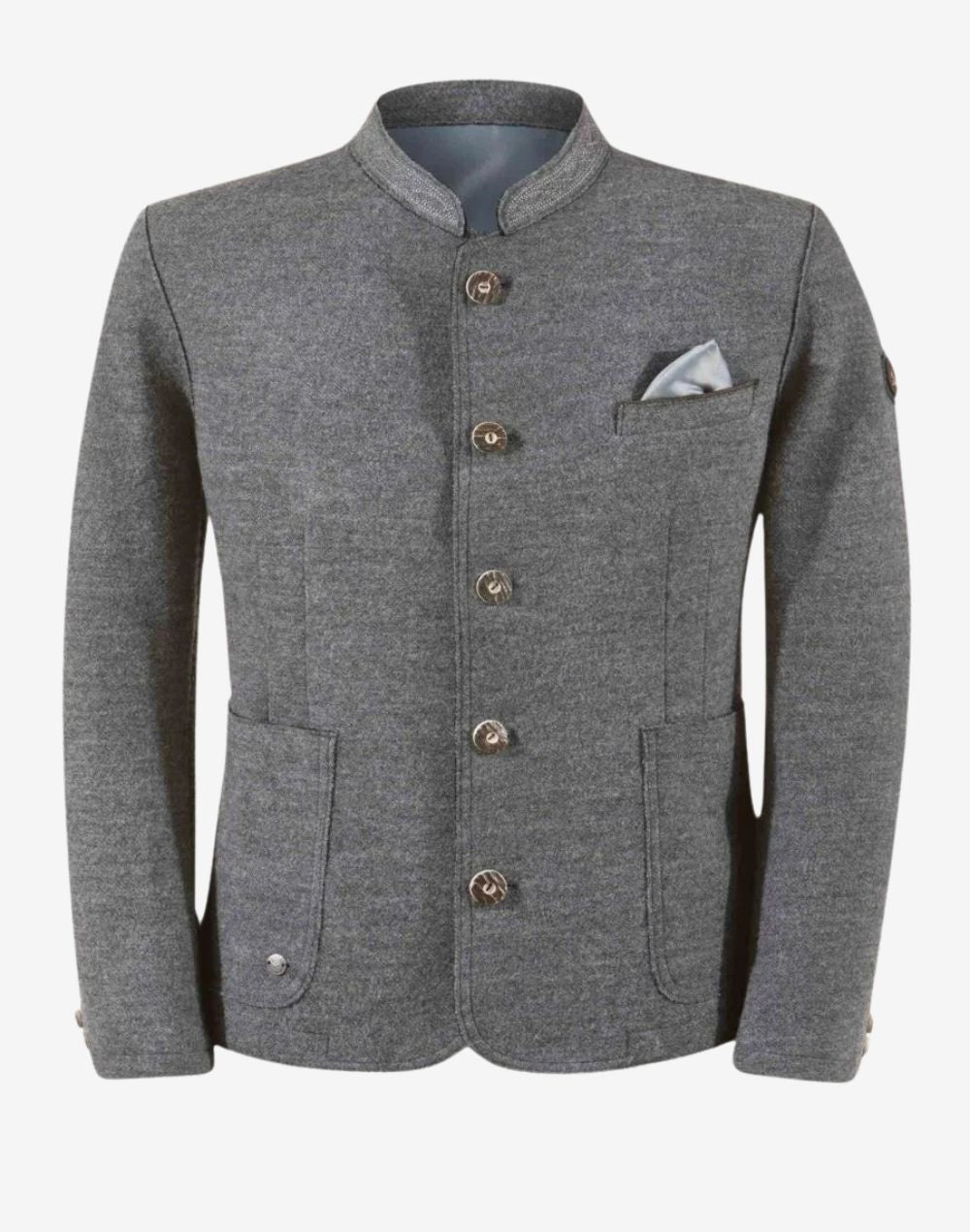 Front product view of traditional alpine jacket for men with gray wool fabric, stand collar and authentic Trachten tailoring.