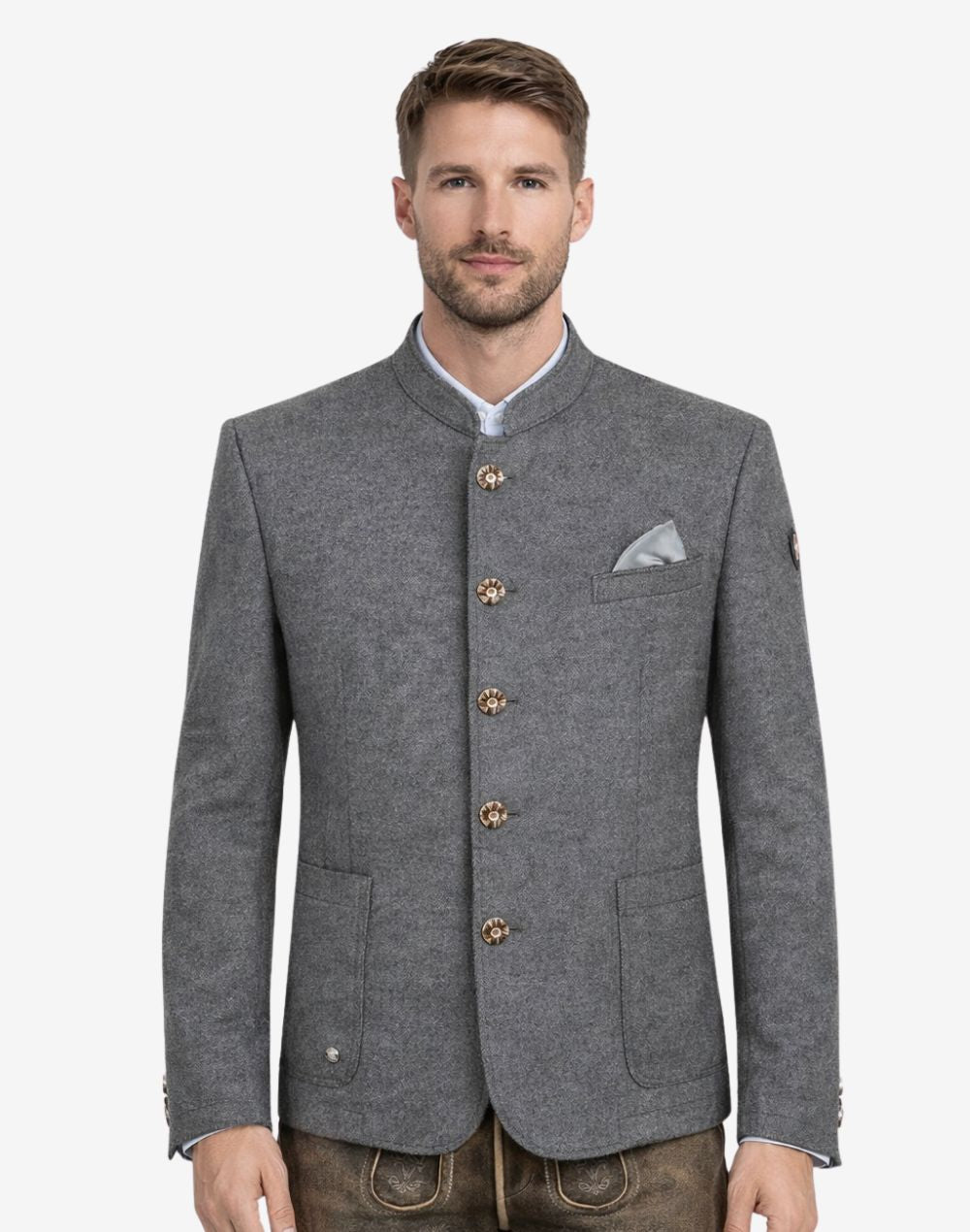 Model wearing traditional alpine jacket for men front view featuring gray wool fabric, horn style buttons and classic Bavarian design.