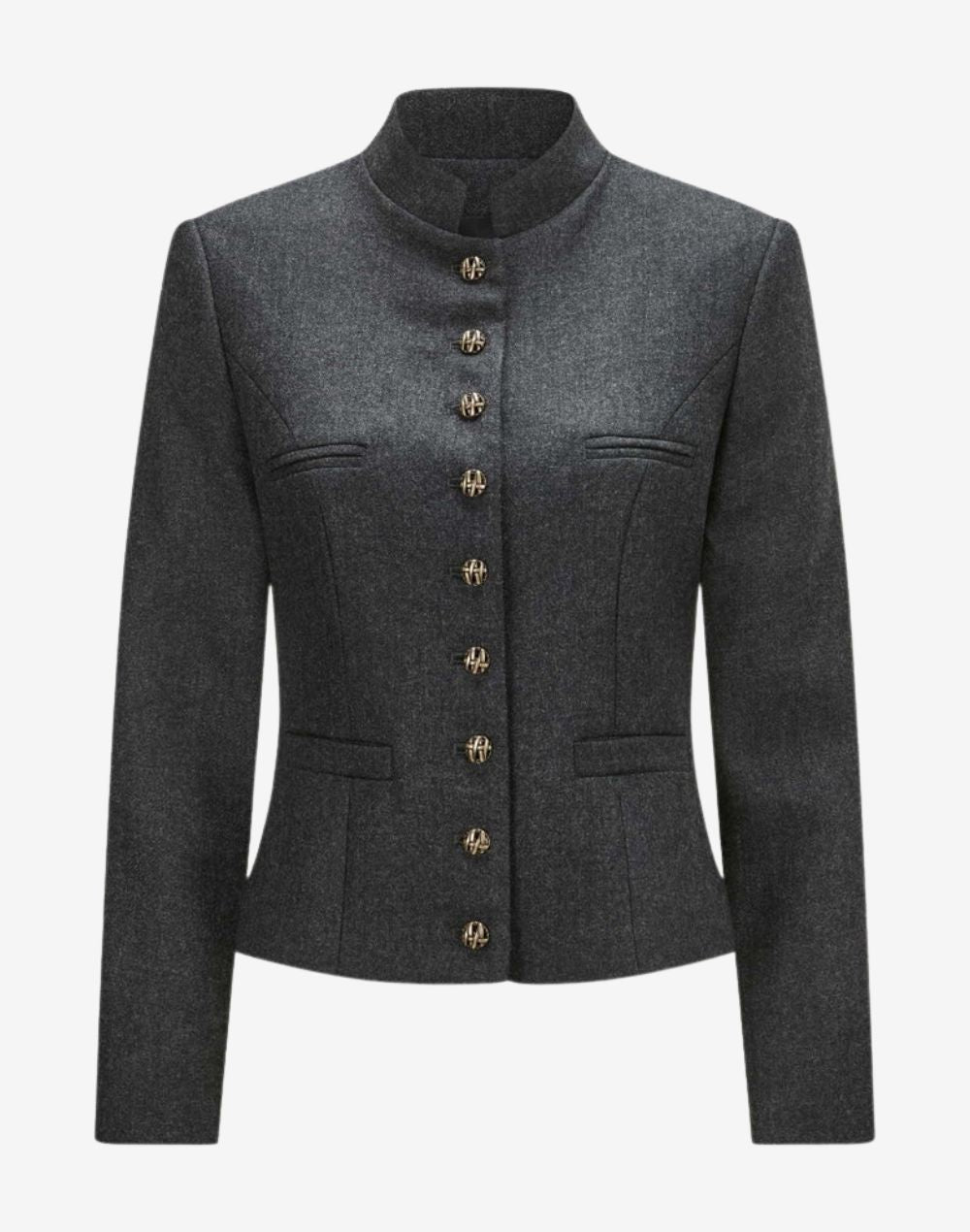 Front view of a women’s charcoal grey wool trachten jacket with a stand-up collar, decorative metal buttons, tailored fit, long sleeves, and traditional Alpine heritage styling.