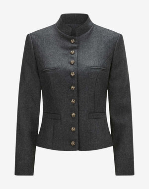 Front view of a women’s charcoal grey wool trachten jacket with a stand-up collar, decorative metal buttons, tailored fit, long sleeves, and traditional Alpine heritage styling.