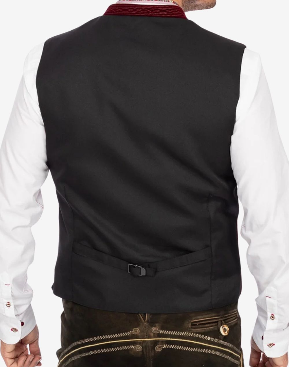 Back view of traditional Alpine vest for men featuring adjustable strap, classic tailoring and authentic Oktoberfest style.