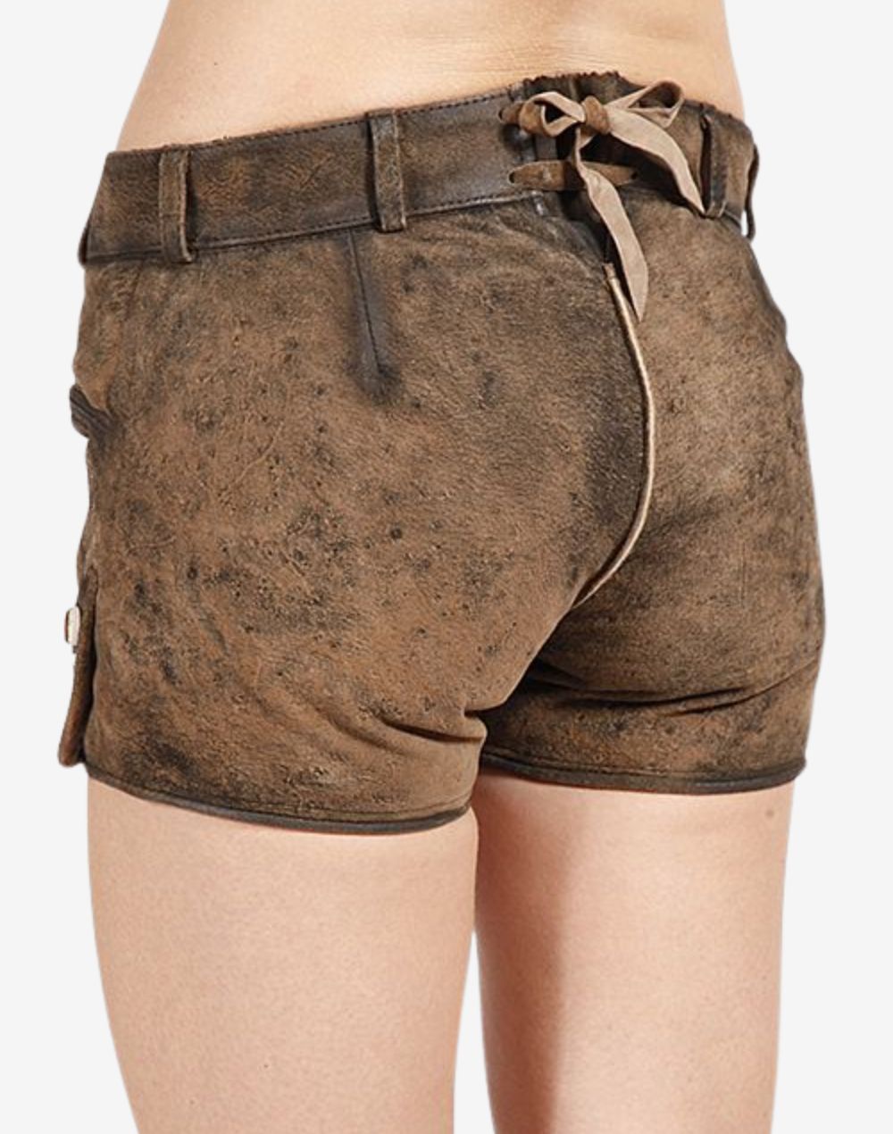 Back view of brown women’s Bavarian-inspired suede lederhosen shorts featuring a distressed finish, fitted waistband, belt loops, and adjustable back lace detail.