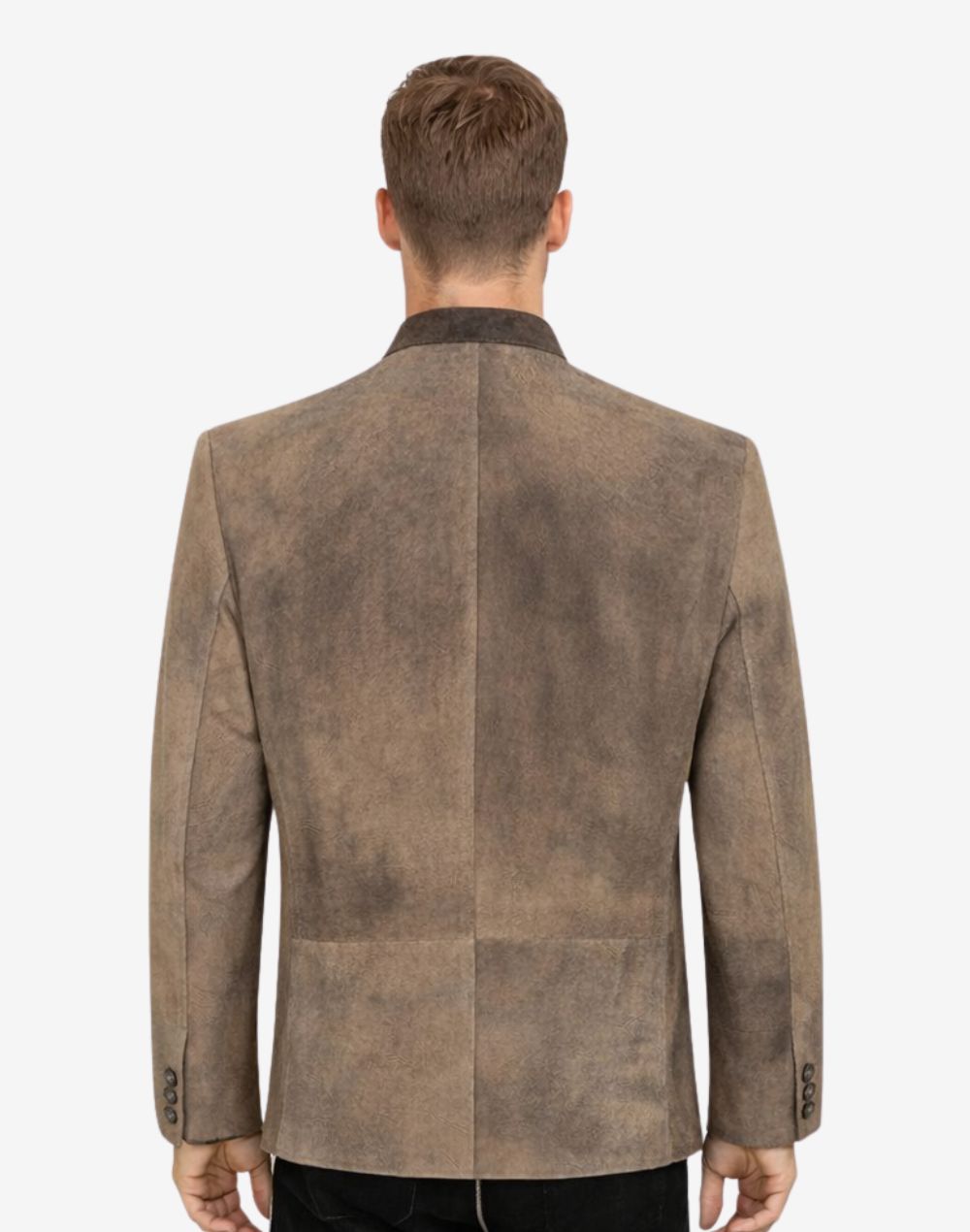 Back view of model wearing Traditional Bavarian Leather Jacket Men featuring classic alpine tailoring and vintage leather finish