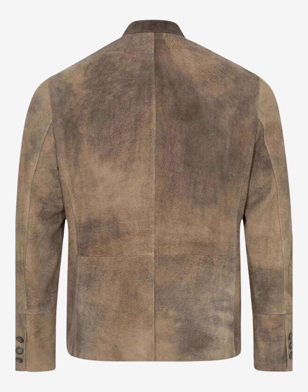 Rear view of traditional Bavarian leather jacket for men showing natural leather finish, structured back seam and authentic alpine fit