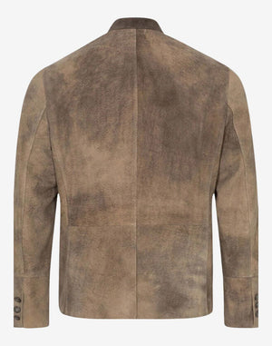 Rear view of traditional Bavarian leather jacket for men showing natural leather finish, structured back seam and authentic alpine fit