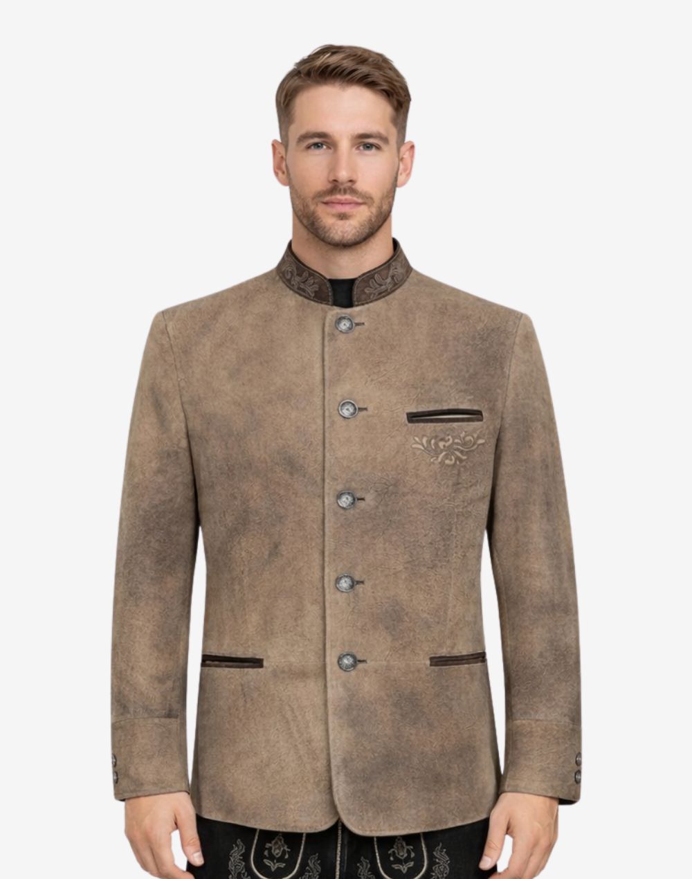 Front view of model wearing Traditional Bavarian Leather Jacket Men in rustic tan with embroidered collar and metal buttons