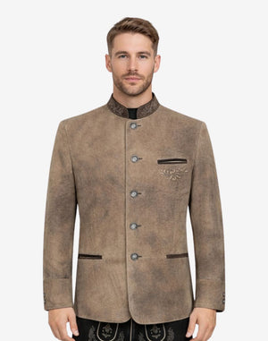 Front view of model wearing Traditional Bavarian Leather Jacket Men in rustic tan with embroidered collar and metal buttons