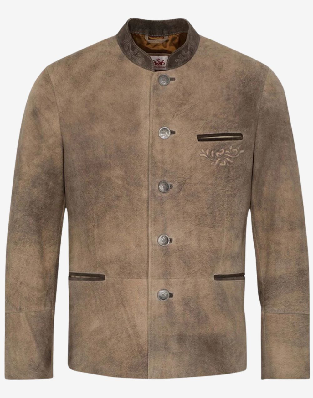 traditional Bavarian leather jacket for men featuring distressed leather texture, stand collar and classic button closure