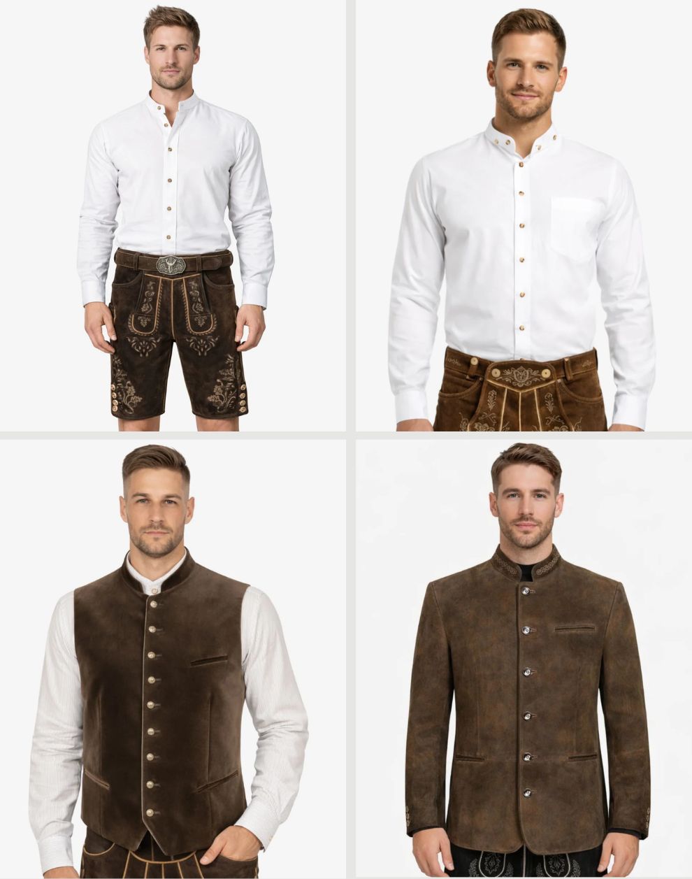 Four images of a man wearing traditional Bavarian clothing on a white background