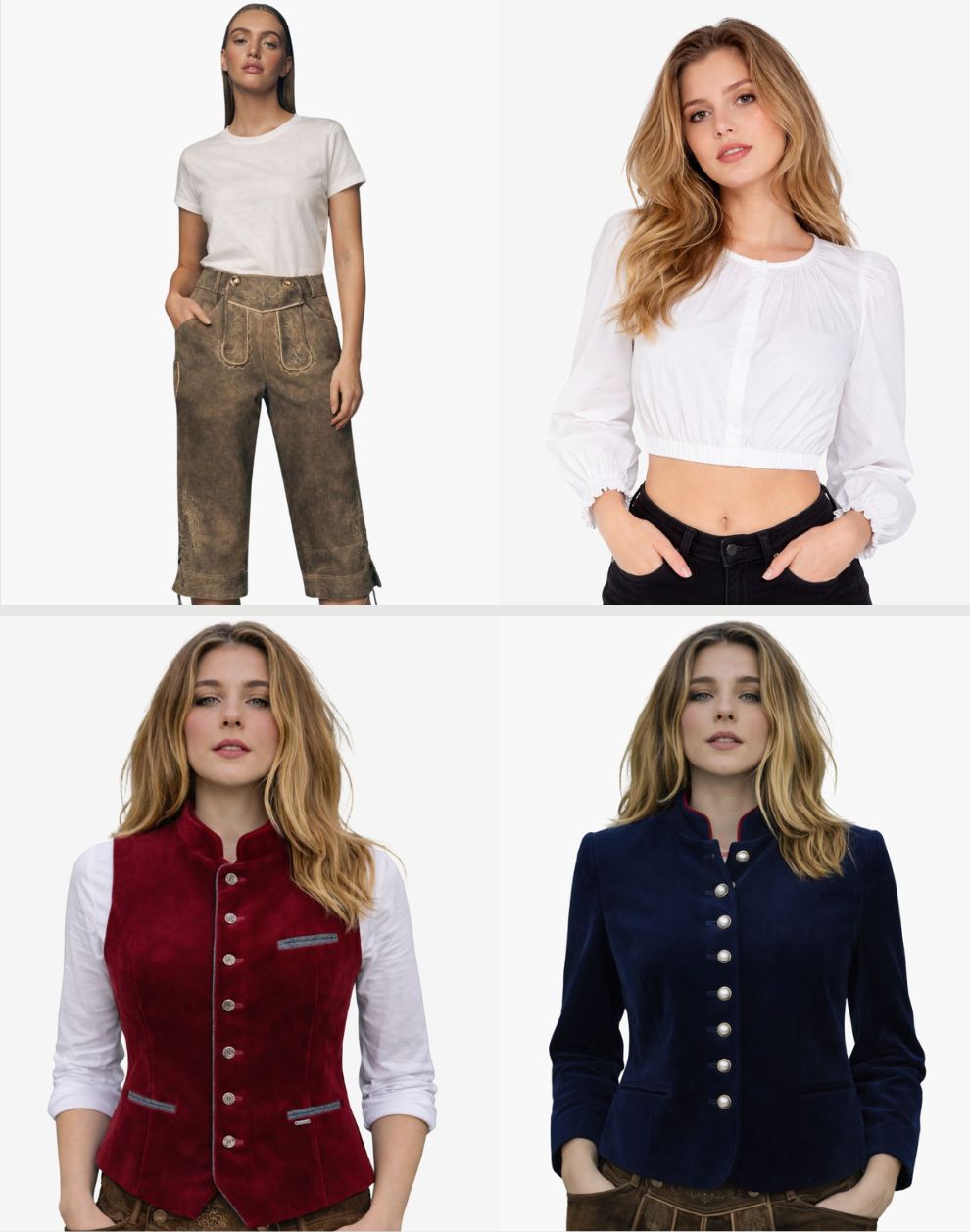 Four images of a woman wearing different outfits on a white background