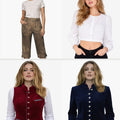 Four images of a woman wearing different outfits on a white background