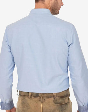 Back view of men’s traditional Bavarian shirt highlighting clean rear finish, long sleeves and comfortable classic festival fit