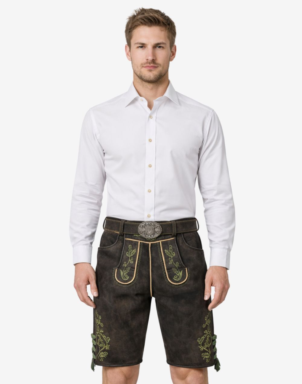 Model wearing traditional Bavarian leather shorts for men with green embroidery and classic Oktoberfest belt buckle