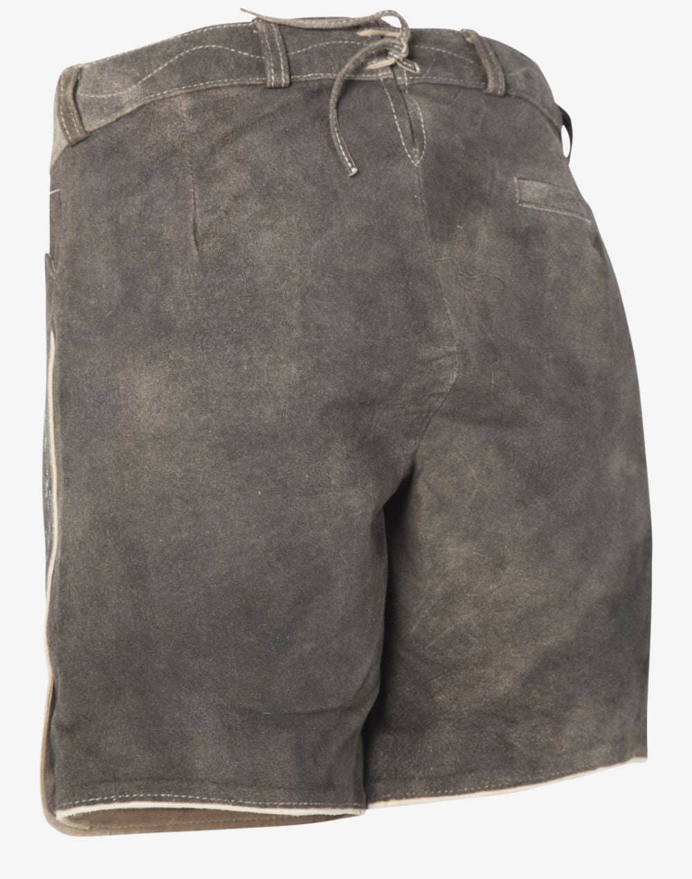 Back view of grey women’s leather lederhosen shorts with a vintage distressed finish, featuring a fitted waistband, belt loops, and adjustable back lace detail.